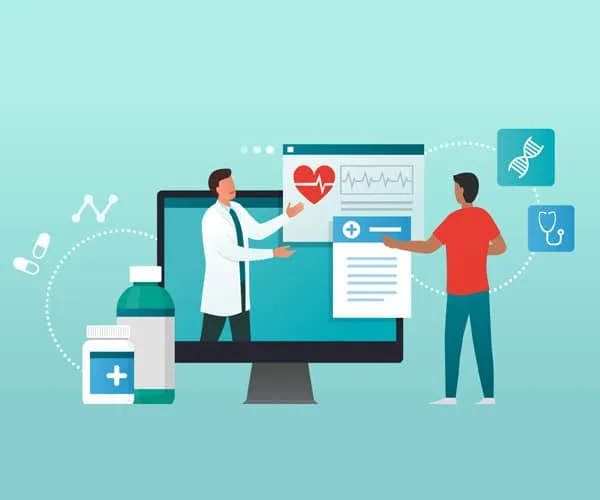 Animated image of two doctors and a patient analyzing information on technological devices