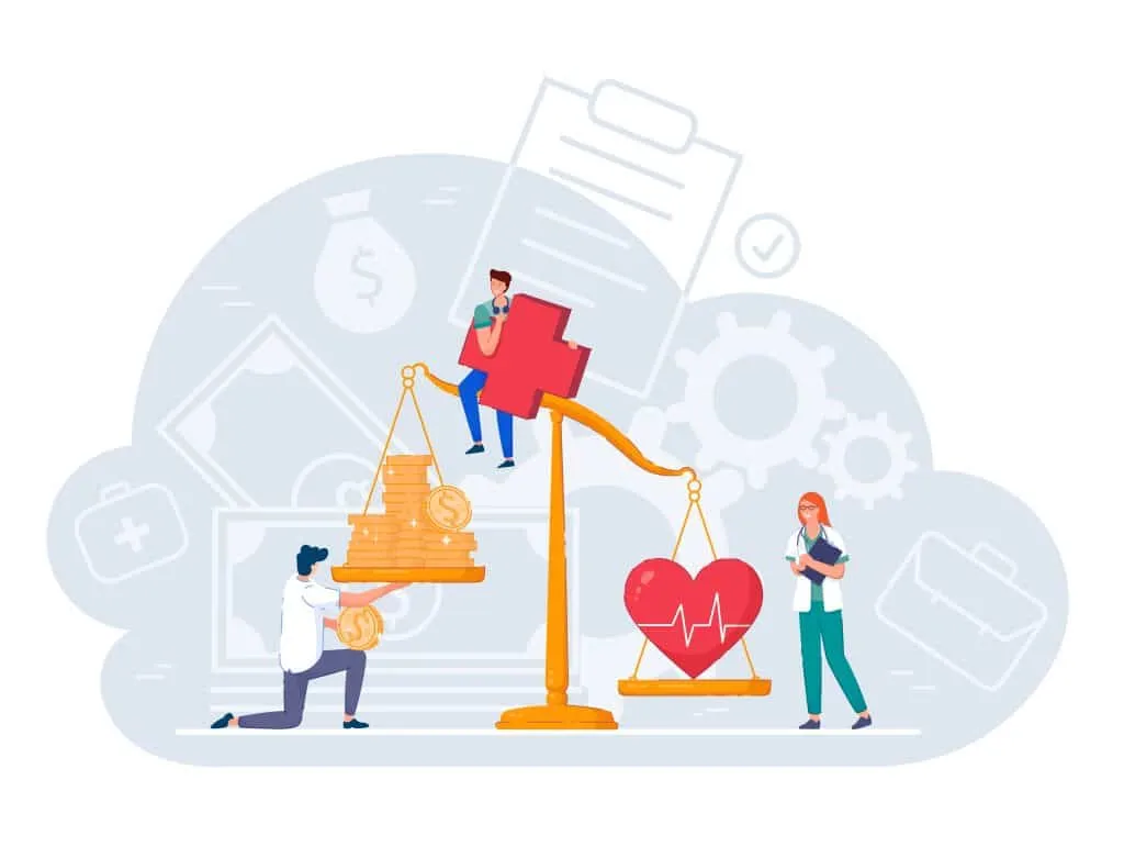 Animated image illustrating a scale with money on one side and our health on the other, weighing more on the health side.