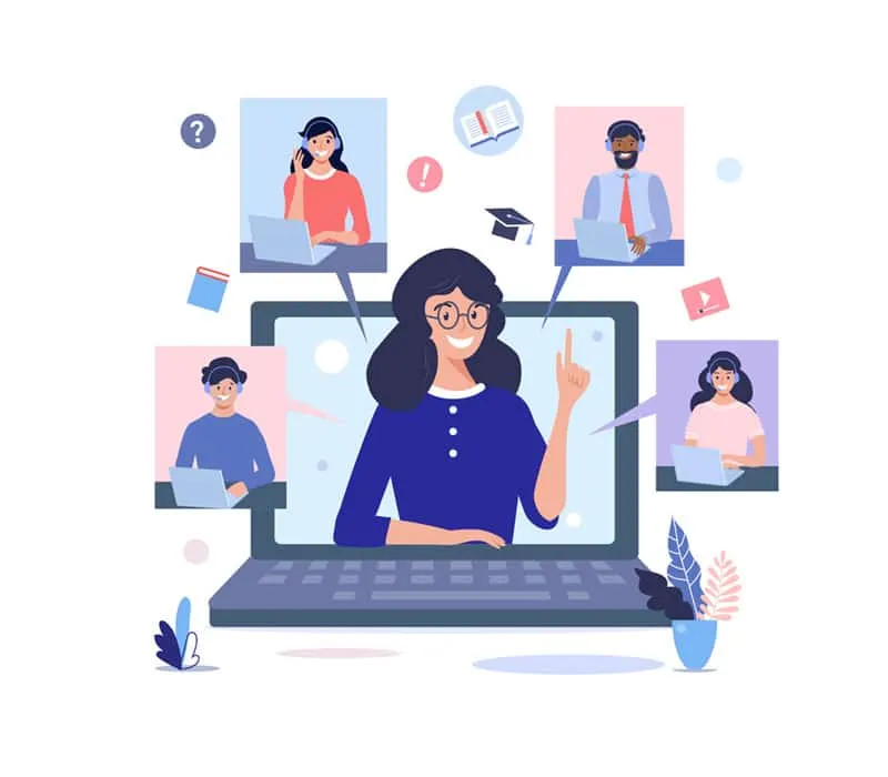 Animated image It shows a woman inside a computer, giving the idea of a video call, talking to other people.