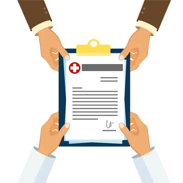 Animated image showing a doctor passing a spreadsheet to a patient