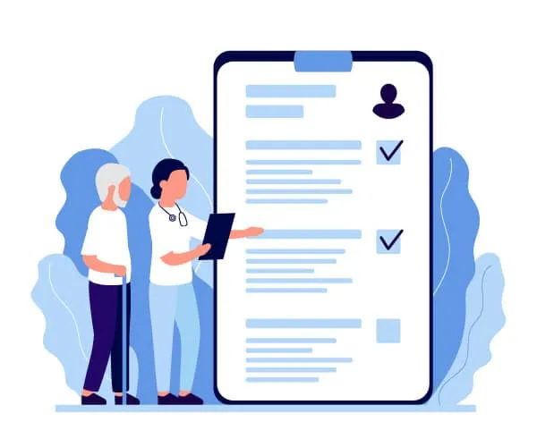 Animated image of a female doctor talking to a patient and showing information in a spreadsheet