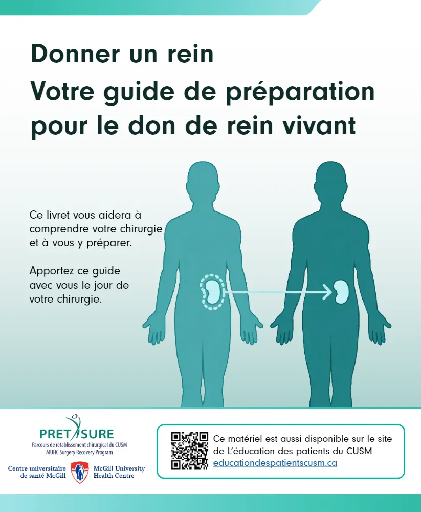Couverture du livre électronique avec l'illustration d'un corps humain en arrière-plan et une autre à l'avant indiquant une greffe de rein.