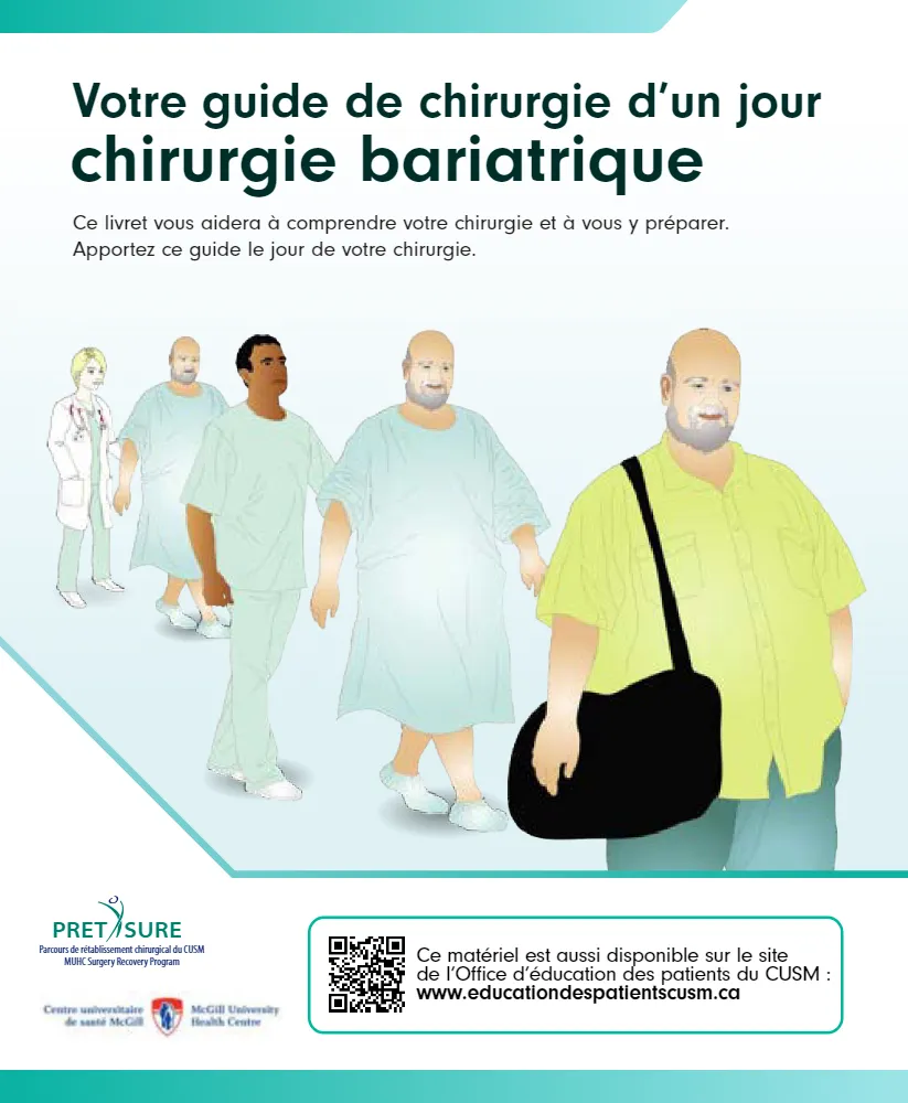 Couverture de l'e-book avec l'illustration d'un duo de médecins accompagnant un patient en chirurgie bariatrique.