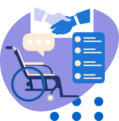 Illustration of wheelchair, handshake and speech bubble