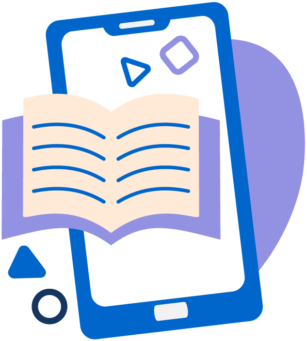 Ilustración de un smartphone azul y blanco con un libro encima.