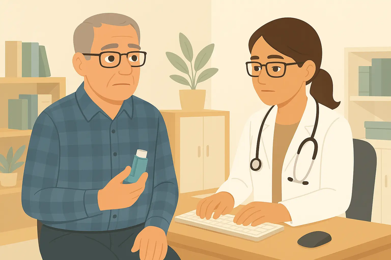 A doctor is conversing with an elderly man in a medical office setting.