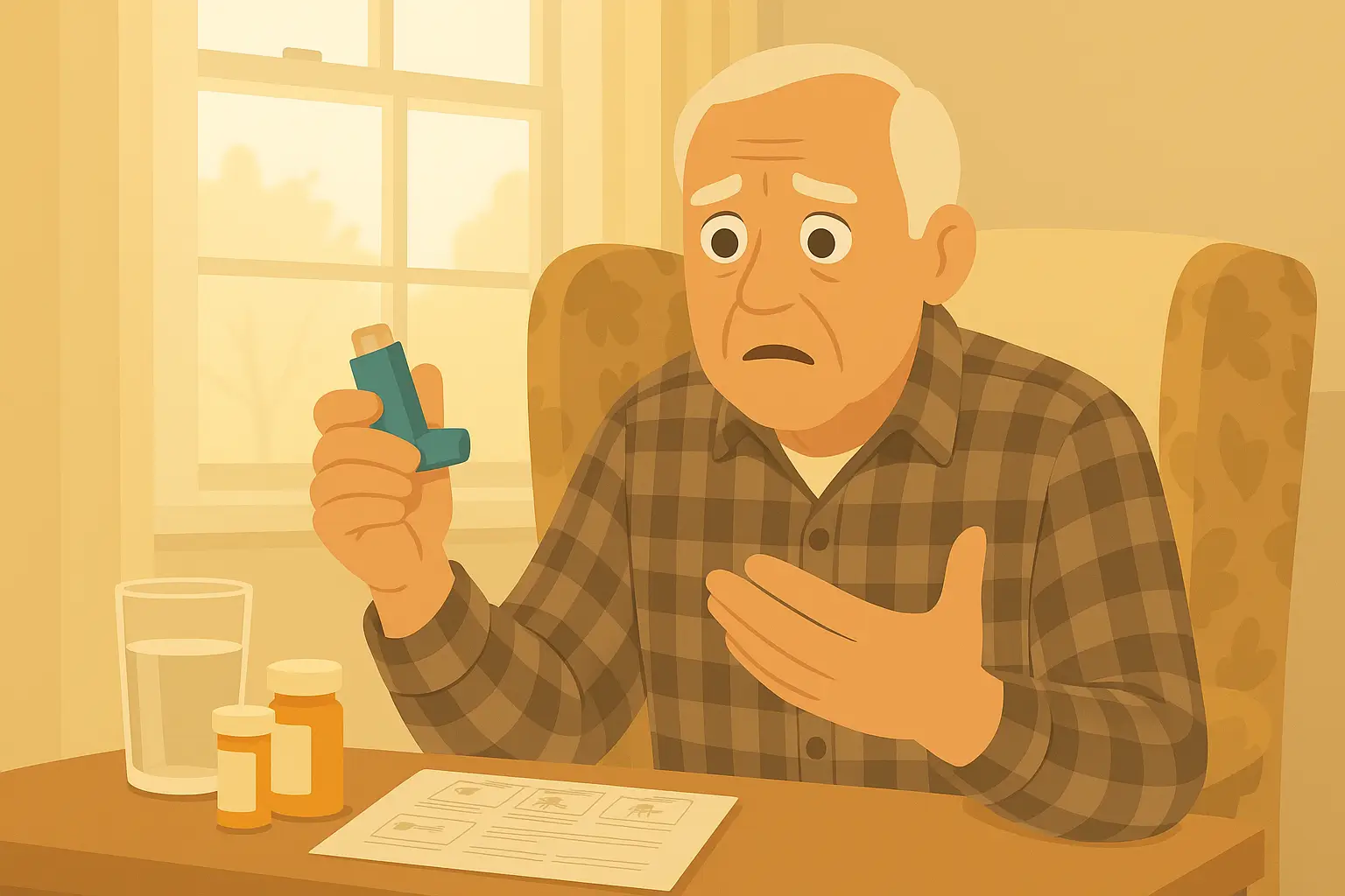 An older man holds an inhaler while examining a prescription, appearing concerned about his health.