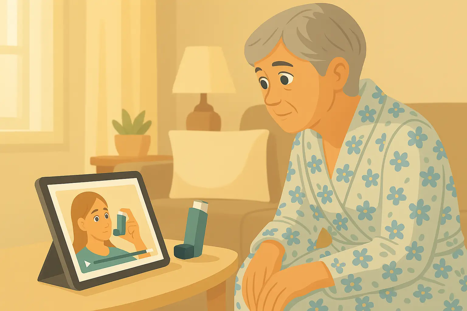 An older woman sits on a couch, focused on a tablet in her hands, with a cozy living room in the background.