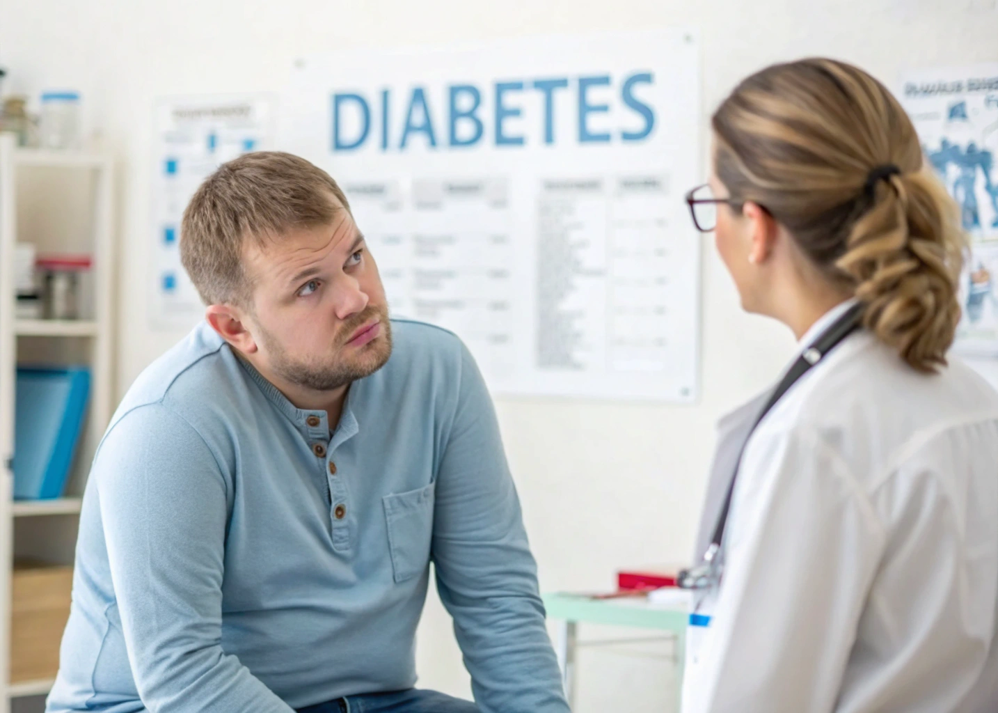 A man sitting on the floor talking to a doctor, who is kneeling beside him, discussing health concerns.