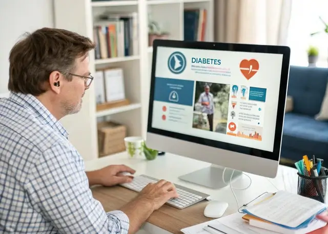 A man sits at a desk, focused on a computer screen displaying a diabetes information website.