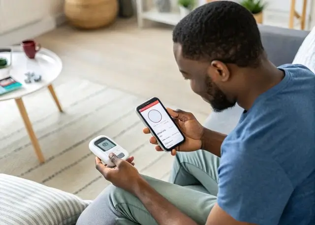 Man checking his health status on a smartphone, focused on the screen while sitting in a well-lit room.