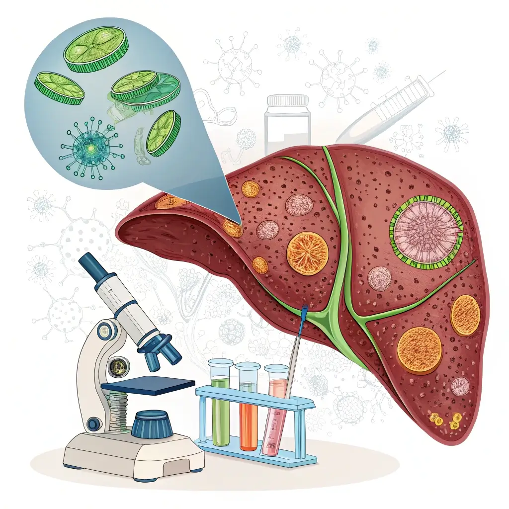 Liver illustration with hepatitis virus, microscope, and test tubes.