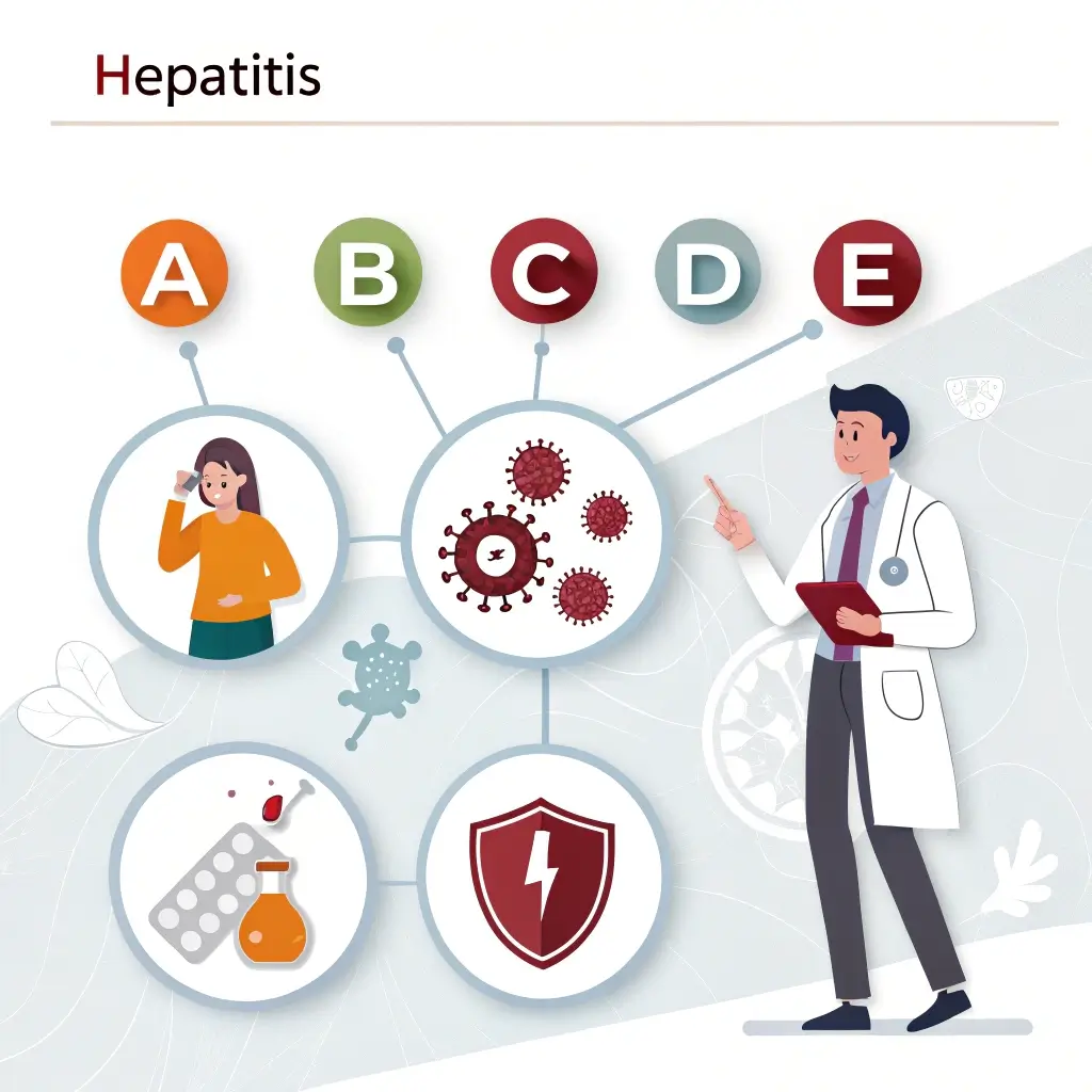 Infográfico sobre hepatite A a E com médico, ícones de vírus, sintomas e símbolos de tratamento.