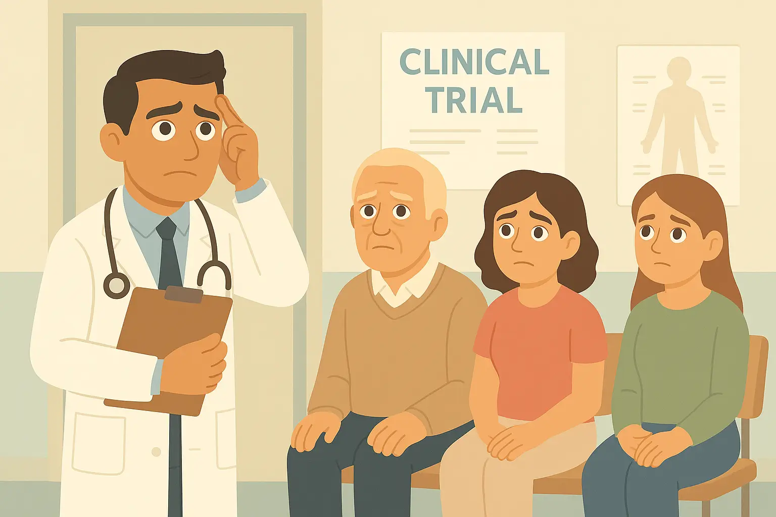Illustration of a worried researcher talking to three patients outside a ‘CLINICAL TRIAL’ door.