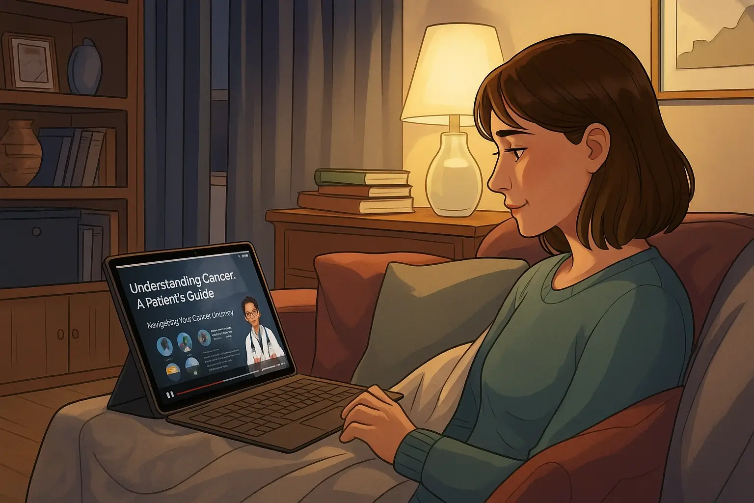 Ilustración de una mujer viendo un vídeo sobre el cáncer en un ordenador portátil.