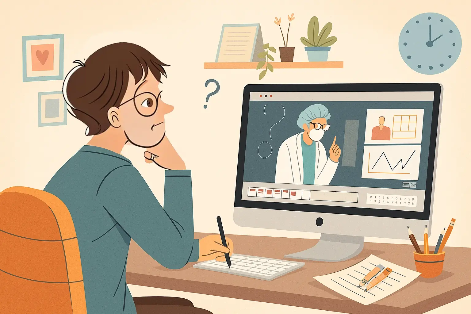 A person watching an online medical video and taking notes, looking confused
