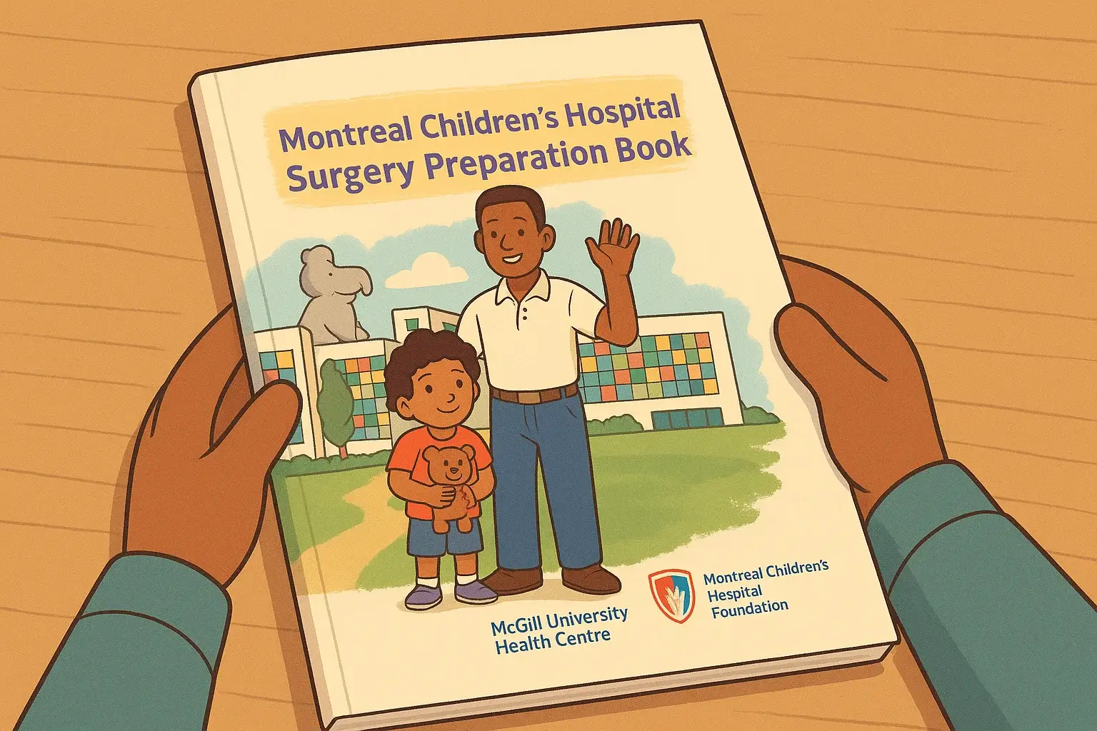 Illustrated cover of the Montreal Children’s Hospital Surgery Preparation Book showing a child with a teddy bear and a parent outside the hospital.
