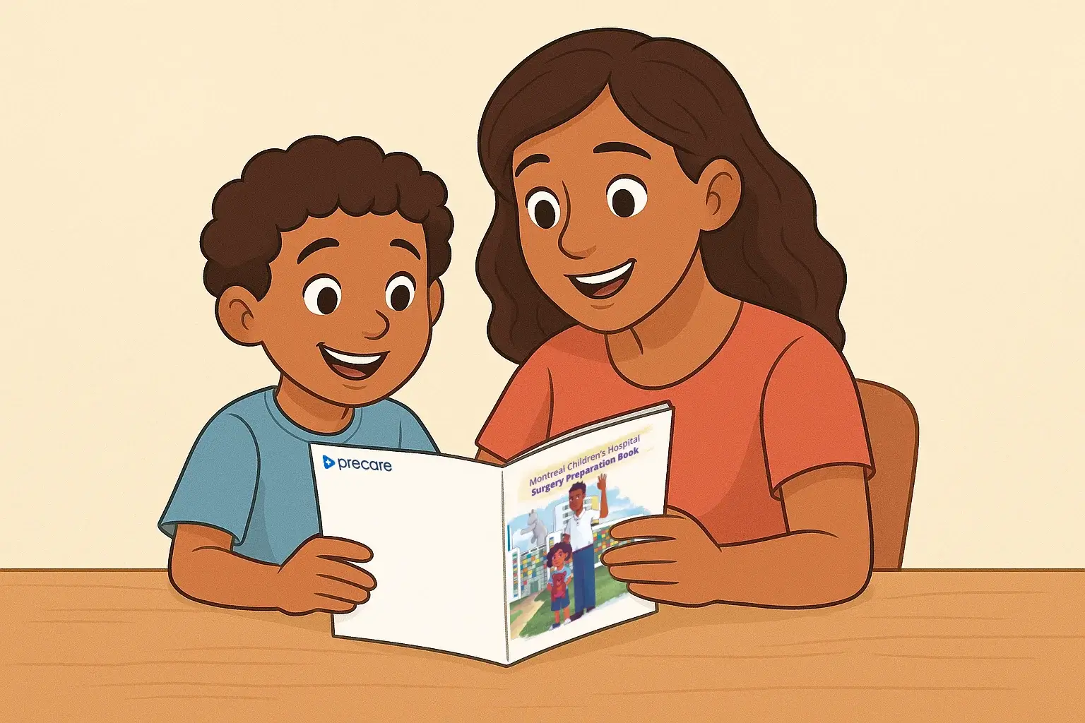 Mother and son reading Precare digital medical booklet for children’s surgery preparation on a laptop.