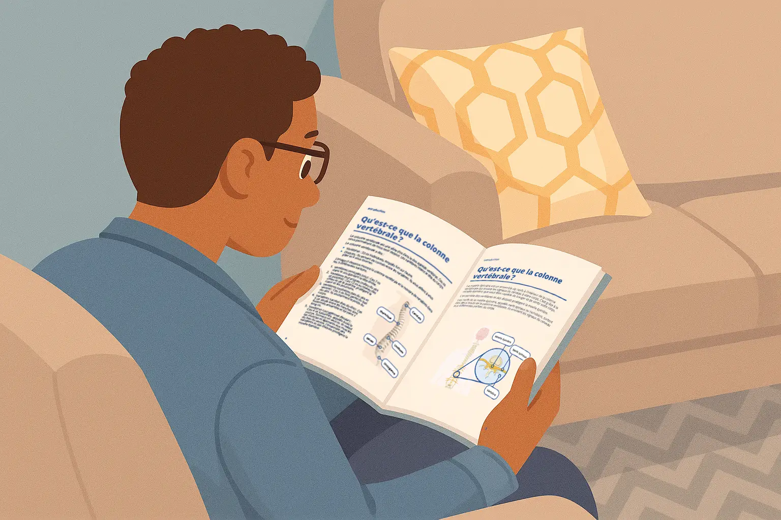 Una persona lee un libro titulado "Qu'est-ce que la colonne vertébrale?" (¿Qué es la columna vertebral?) (¿Qué es la columna vertebral?) mientras está sentada en un sofá. La ilustración muestra a un hombre con gafas, un libro abierto con diagramas anatómicos y una almohada en un sofá beige.