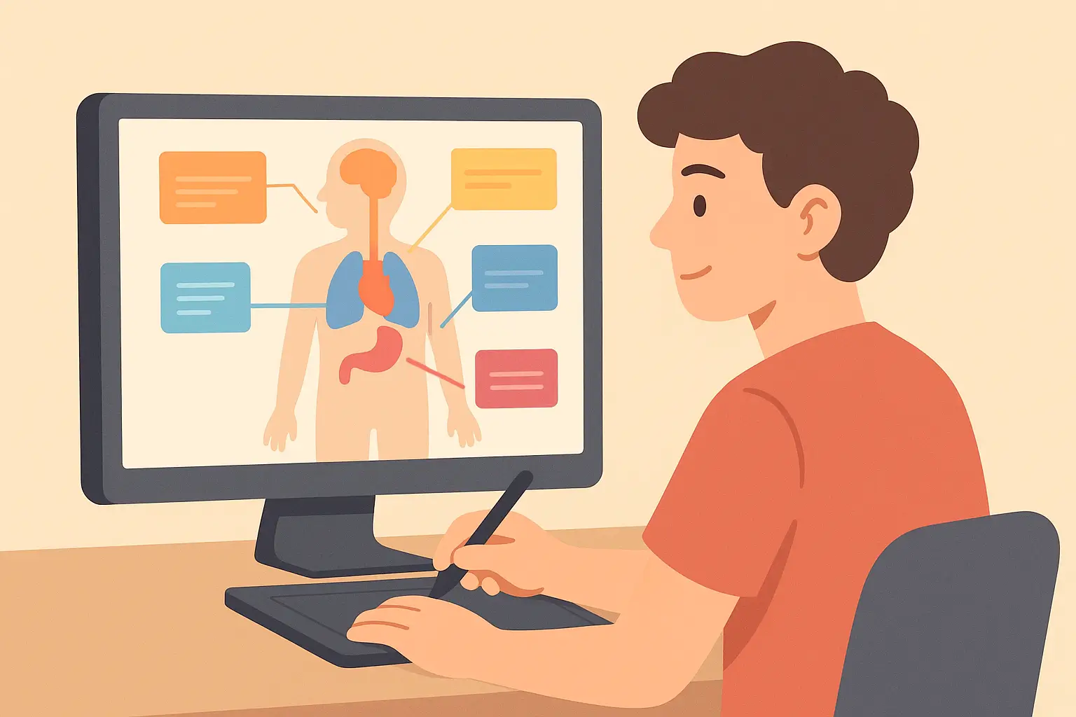 Medical illustrator creating a digital diagram of human anatomy on a tablet, highlighting organs and systems for patient education.
