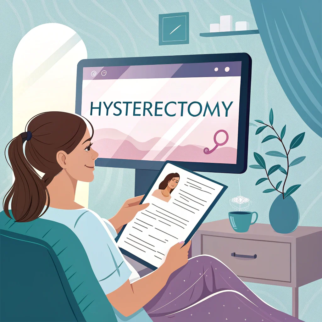 A digital illustration of a woman sitting on a couch and reviewing a medical document while looking at a computer monitor that displays the word “Hysterectomy”.