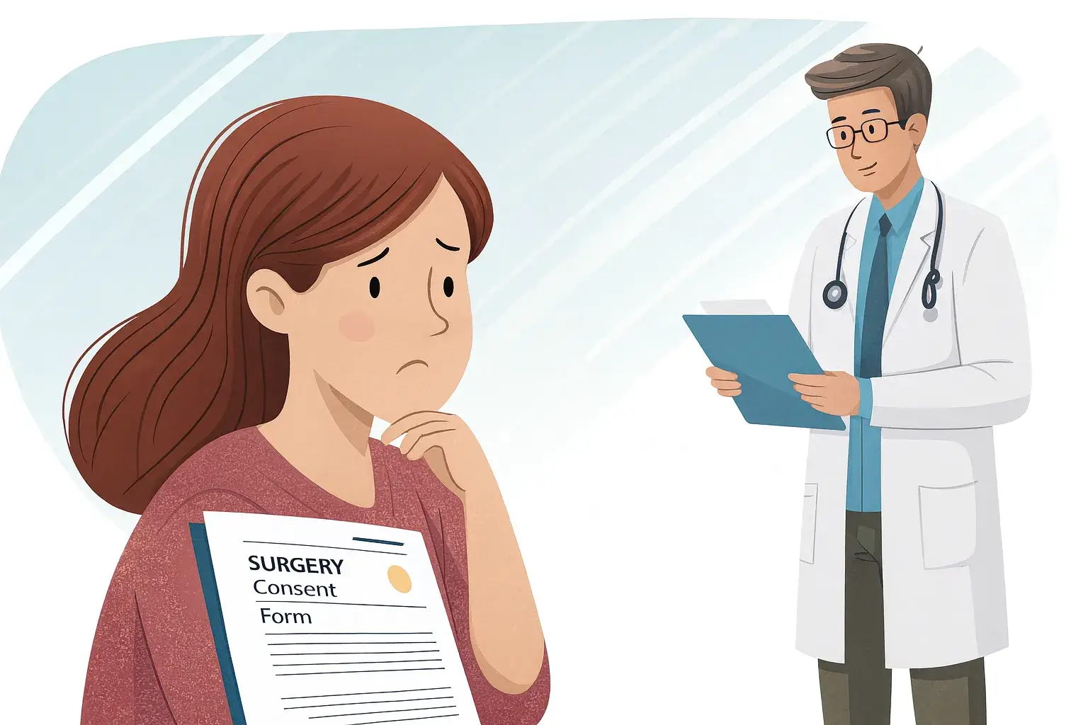 A digital illustration shows a concerned woman holding a “Surgery Consent Form” and touching her chin in thought, while a male doctor stands behind her with a clipboard.