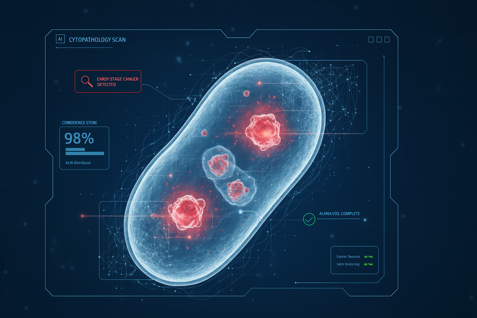 Imagem mostrando a IA escaneando imagens médicas para identificar células de câncer em estágio inicial