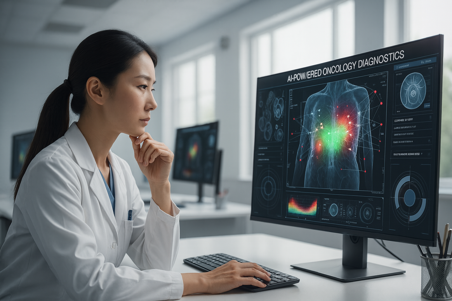 Doctor analyzing AI-generated cancer scan results on a computer screen